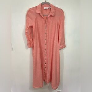 Calypso St. Barts Shirt Dress Linen Blend Peach  Pin Tuck Pleats Embroidered XS